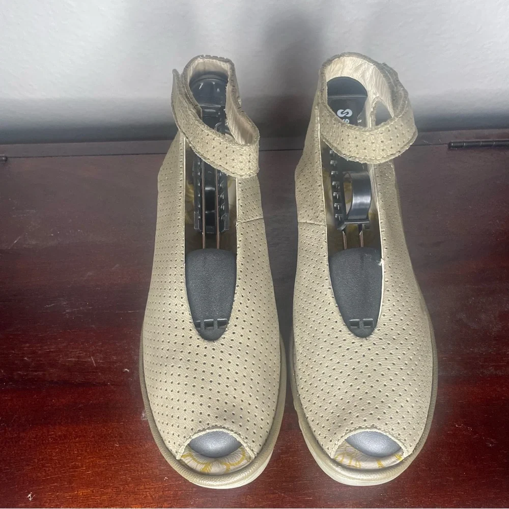 Fly London Beige Perforated Ankle-Strap Wedge Sandals